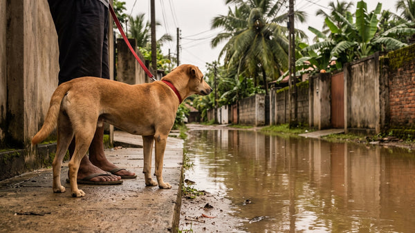 A dog on a lead stopping beside a flooded lane after rain