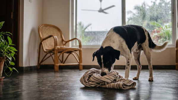 A dog sniffing out kibble hidden in a rolled-up towel indoors